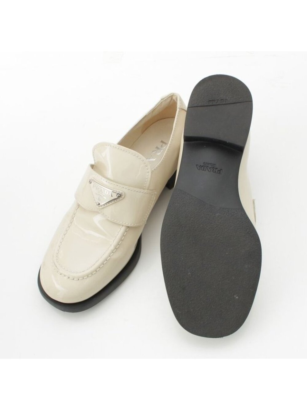 Prada Patent Leather Triangle Logo Chocolate Brushed Loafers Off White 37 - Picture 5 of 10